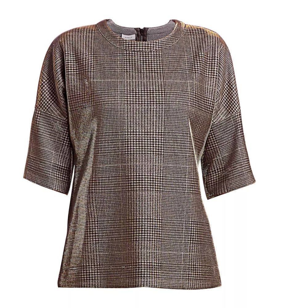 Akris Punto Metallic Lurex Glen Check Top 3/4 Sleeve Plaid Silver Women's 12